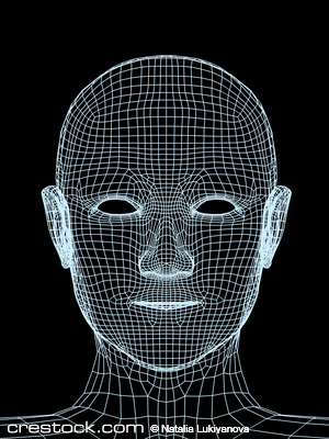 Head of the person from a blue 3d grid