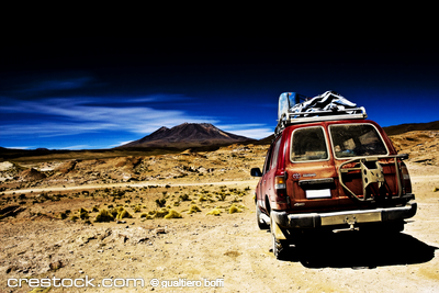 Bolivia , dramatic landscape, jeep desert and ...